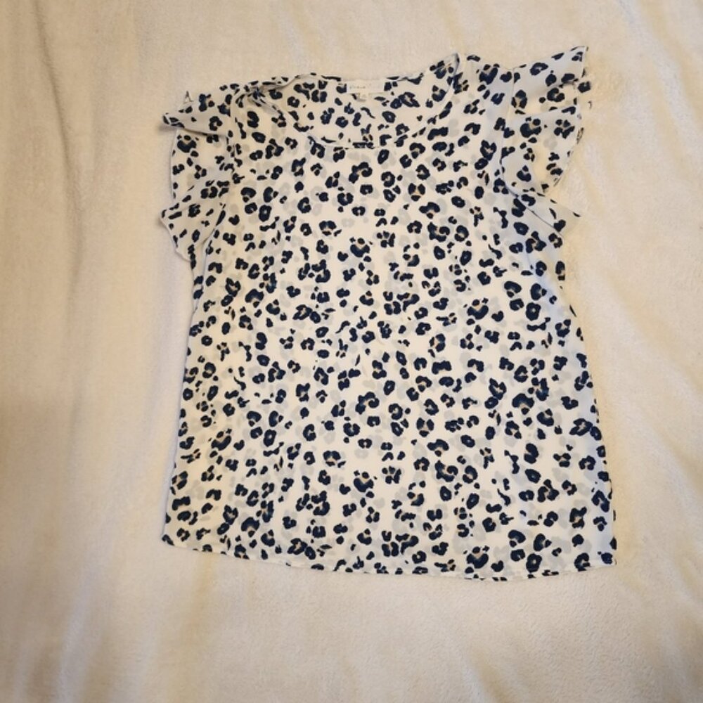 Girls White and Navy Leopard Print Ruffle Sleeve Top